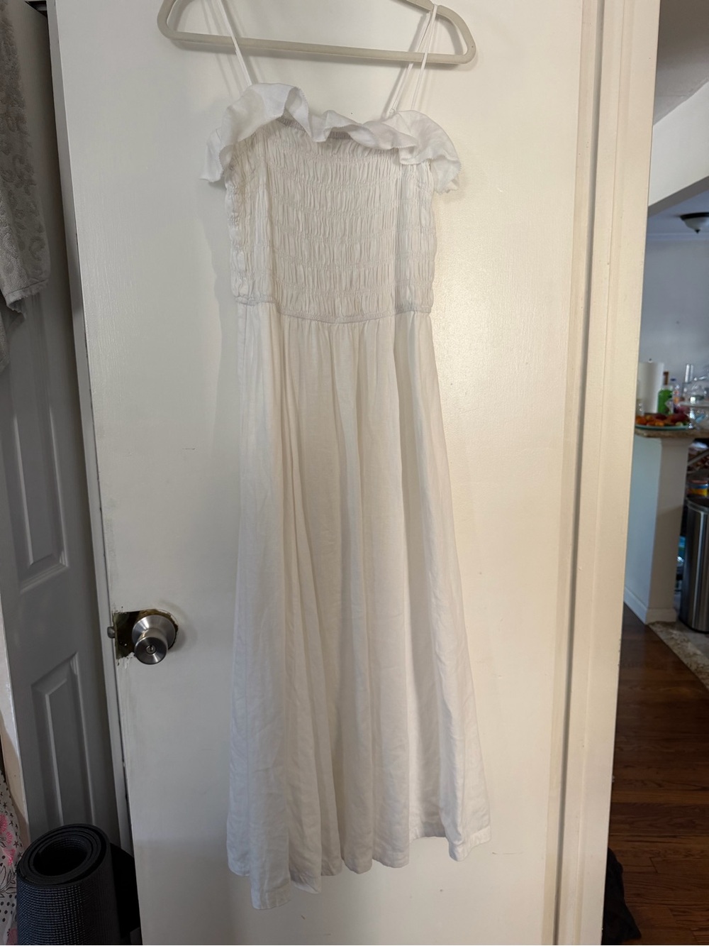 Wilfred Aritzia White Smocked Ruffle Maxi Dress